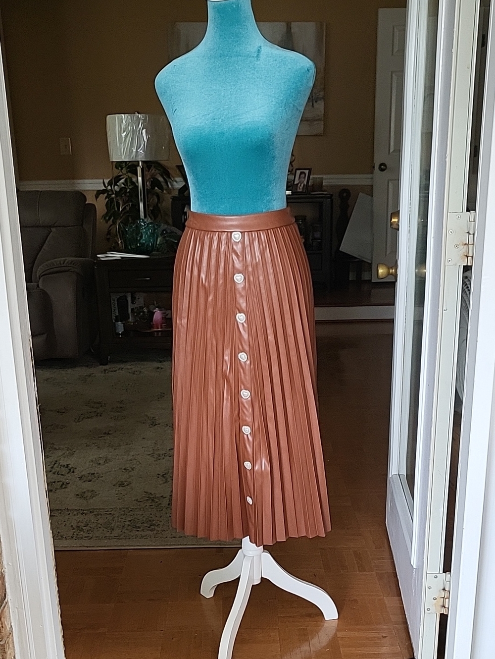 Only Pleated Faux Leather Midi Skirt - Chestnut Brown With Heart Shape Button